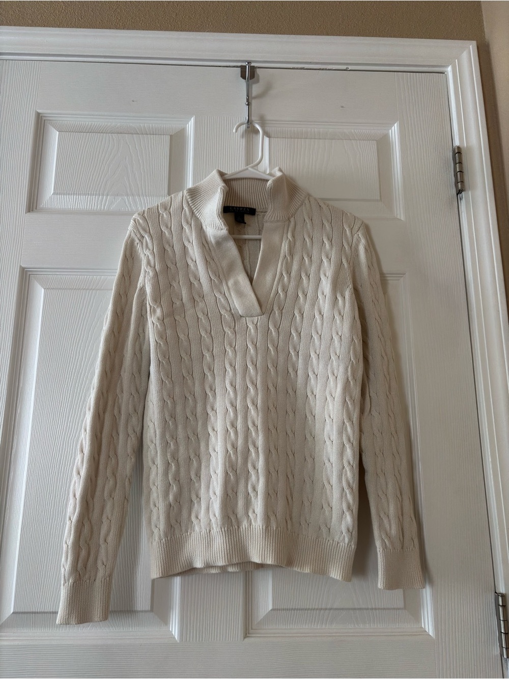 Ralph Lauren Cream Cable-Knit V-Neck Sweater